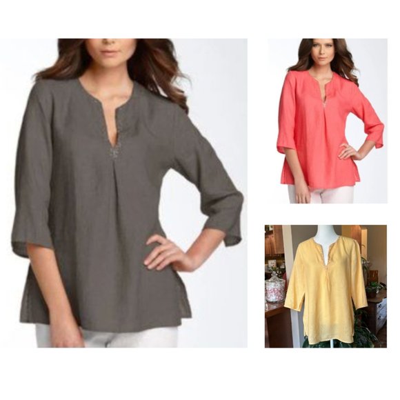 Eileen Fisher Irish linen sequin trim split-neck tunic szM - Picture 15 of 15